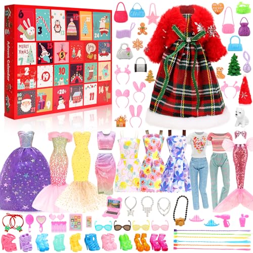 Miunana Puppenkleidung Adventskalender, 57 Moden Puppen Kleidungsstücke und Zubehör Accessoires wie Badeanzug, Kleid, Hut oder Kätzchen als Festliche Überraschungszubehör Urlaub Geschenke für Kinder