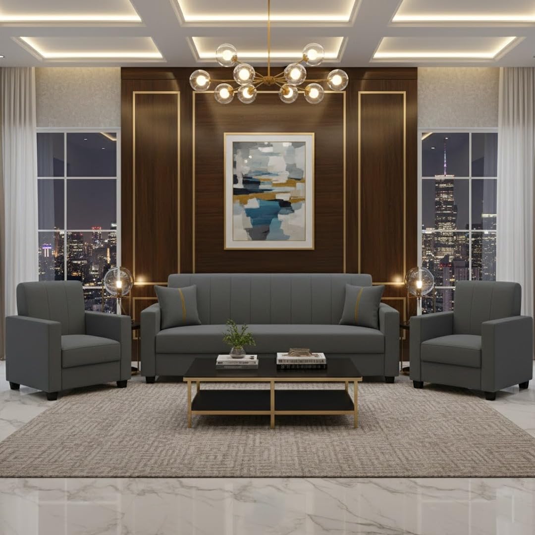 FURNY Cosmos 5 Seater Fabric 3+1+1 Sofa Set (Dark Grey) Durable & Comfortable Ideal for Living Rooms