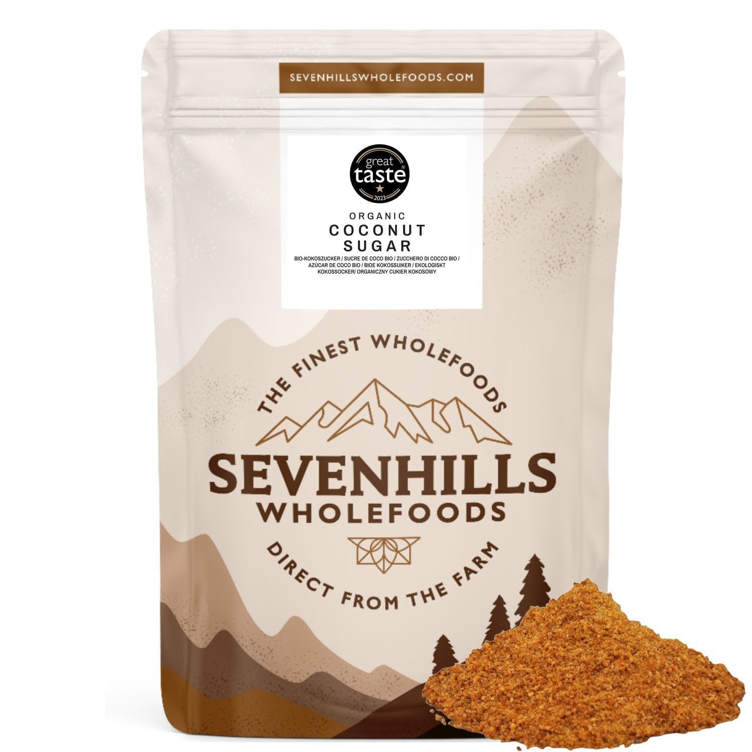 Sevenhills WholefoodsOrganic Coconut Sugar 1kg, from Coconut Nectar Blossom - Low GI Brown Sugar, for Drinks, Desserts & BakingEU OrganicSoil AssociationSoil AssociationSoil Association