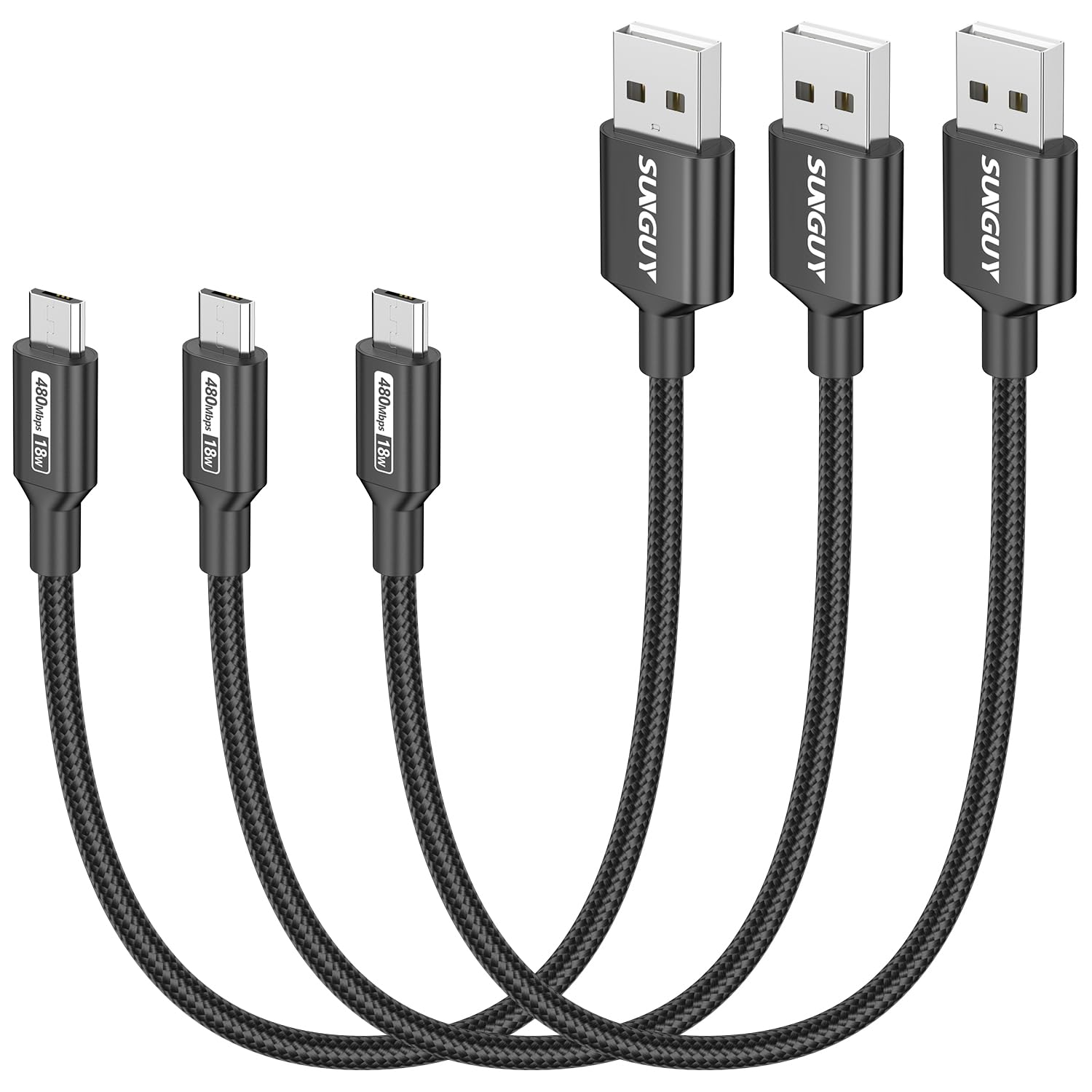 SUNGUY Cavo micro USB da 0,3 m, 3 pezzi corto intrecciato USB 2.0 Micro Android, ricarica rapida e sincronizzazione dati, compatibile con Galaxy S6 S7 Edge Note 5, Tab 4, PS4, Kindle e altri (Nero)