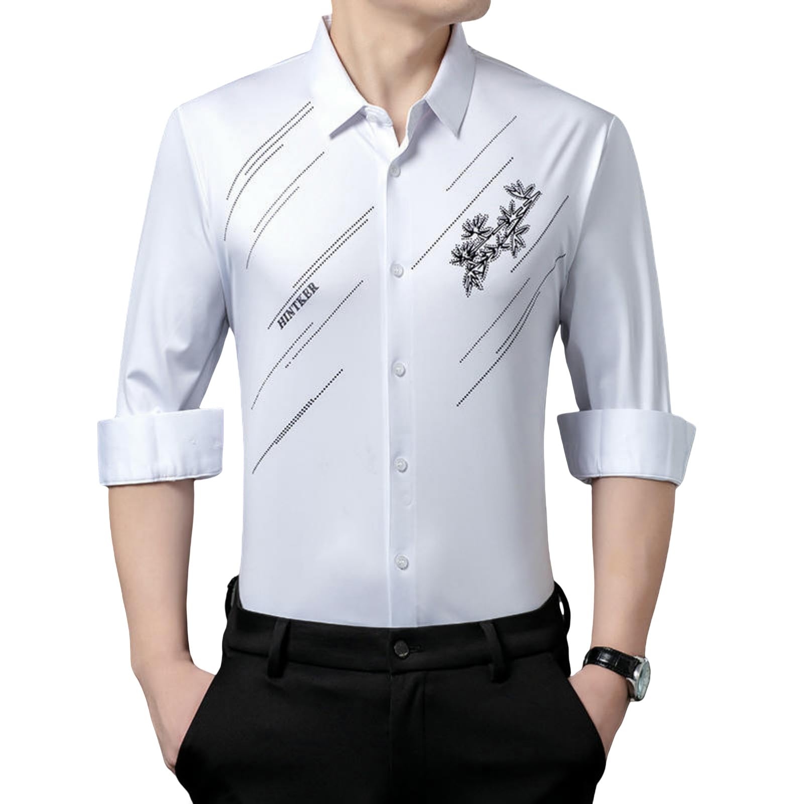 Camisa de manga larga para hombre, sin costuras, elástica, antiarrugas, sin arrugas, informal, para primavera y otoño
