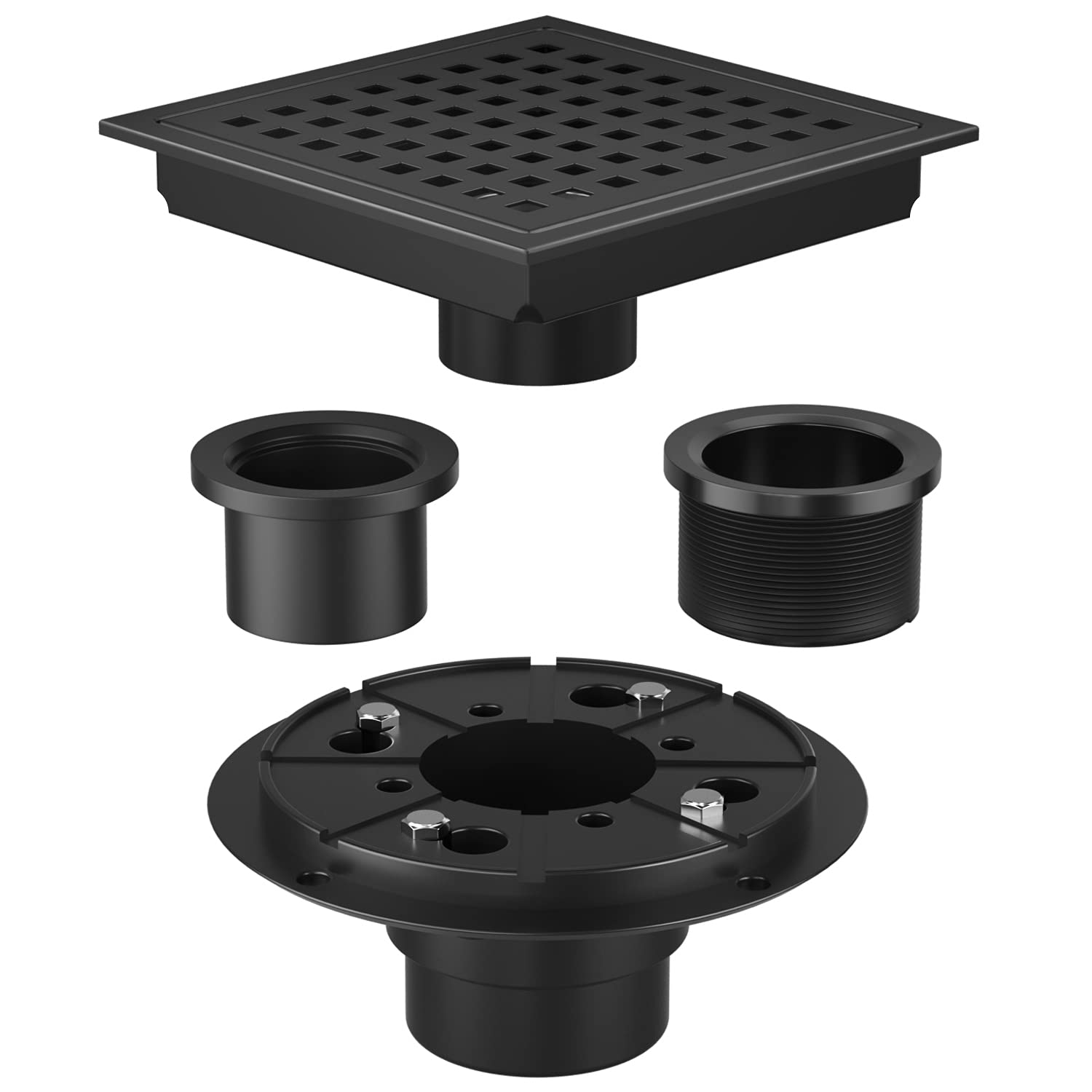 Square Shower Drain 6 Inch Matte Black, EXF Stainless Steel Shower