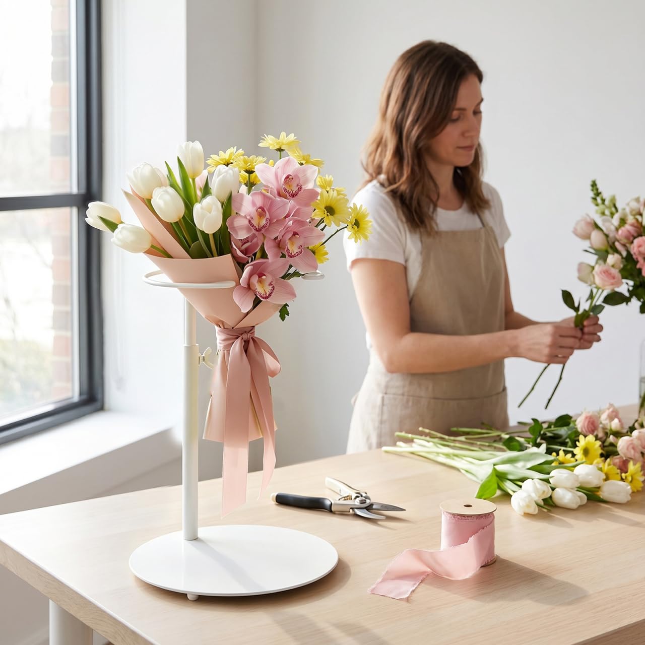 Luxshiny Espositore per bouquet in ferro, supporto per bouquet di fiori, supporto regolabile per bouquet da scrivania, supporto da tavolo per composizioni floreali da matrimonio, bianco