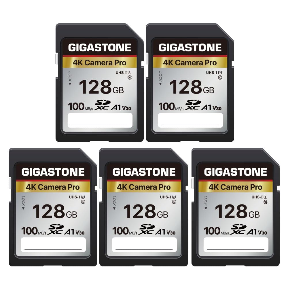 GIGASTONE 128GB SDXC Speicherkarte 5er-Pack, 4K Kamera Pro, bis zu 100 MB/s für Digitalkameras Canon, 4K UHD Videoaufnahmen UHS-I U3 V30 Klasse 10