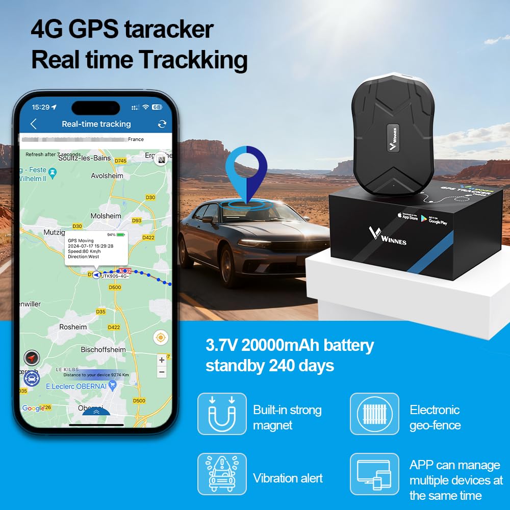 WINNES 4G Localizzatore GPS per Auto, TK905C Tracker Antifurto Senza Abbonamento, 20000mAh (240G Standby), Calamita Potente, Localizzazione Tempo Reale per Moto e Camion, App Italiana iOS & Android