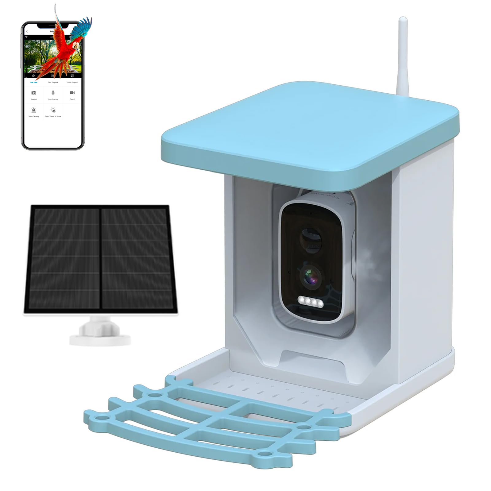 Nichoir avec Caméra, Maison d’Oiseaux avec Caméra, Mangeoire Vidéo WiFi | pour Oiseaux, Distributeur Intelligent avec Panneau Solaire & Reconnaissance IA des Oiseaux