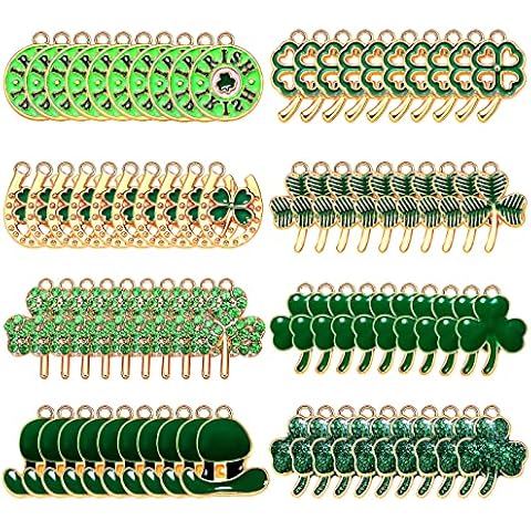 CEALXHENY 40/80PCS St. Patrick's Day Shamrock Charms for Jewelry Making Rhinestone Enamel Green Hat Leaf Charm Pendants for Necklace Bracelet Earrings Making Supplies, Metal, Rhinestone Cover