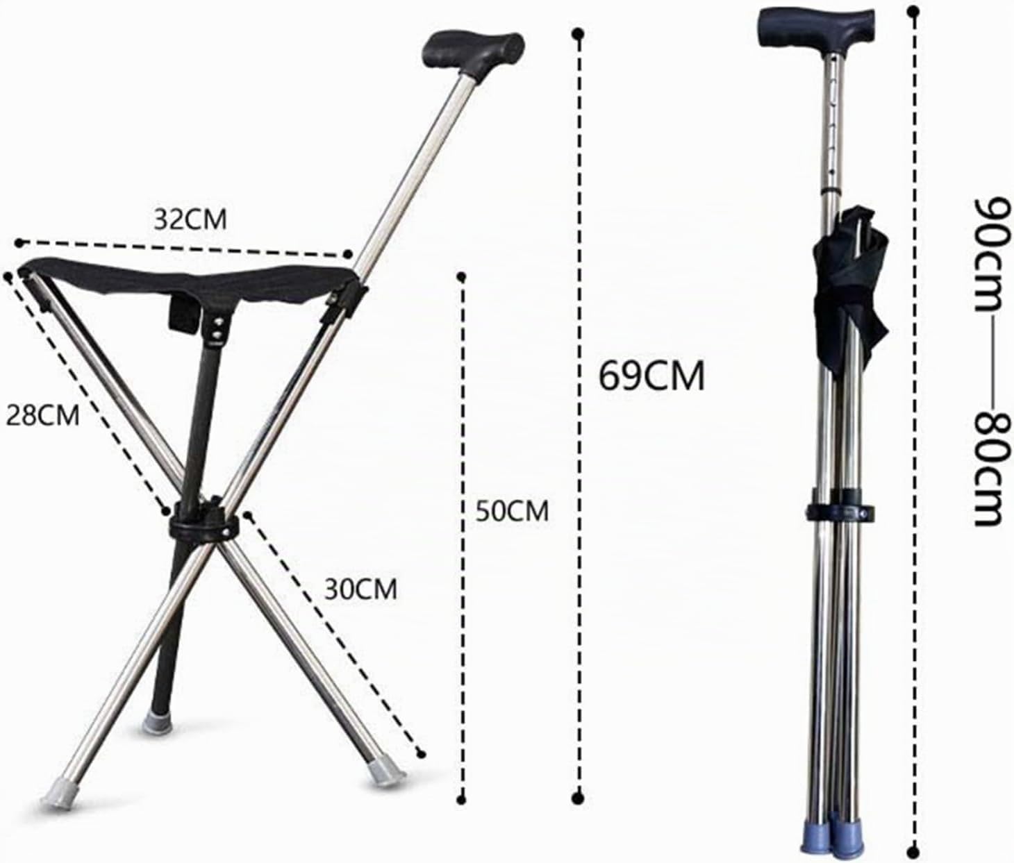 Klappbarer Gehstock für Senioren Aid Stativ Krückenstuhl mit Sitz Gehstock mit Sitz Höhe 86 cm, Nicht Verstellbar Leicht Spazierstock Wanderstock Tragbare Krücke Gehhilfe 3 Beine