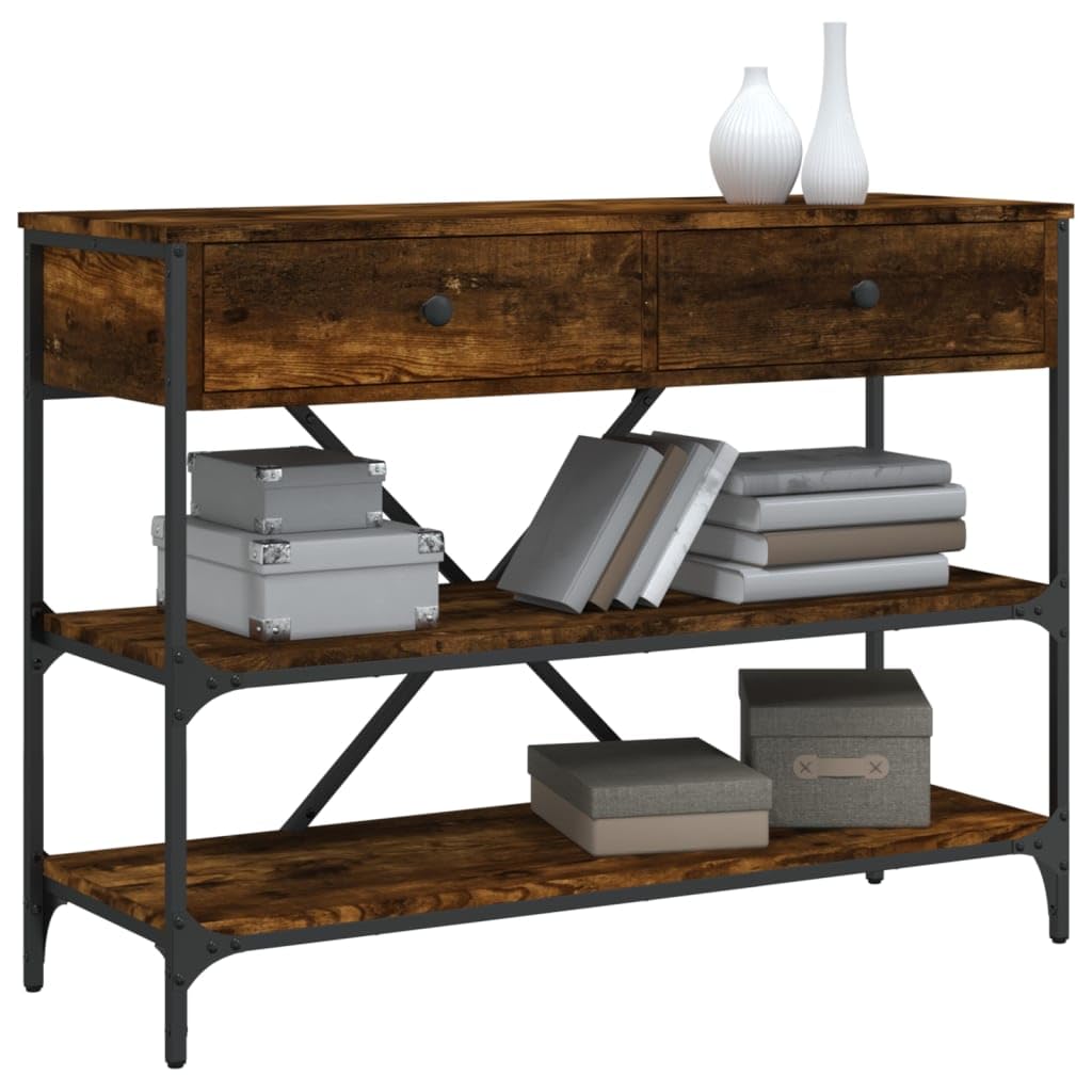 Mesa consola clásica de madera con estructura de acero, 2 cajones y estantes para almacenamiento, mesa auxiliar para salón y pasillo