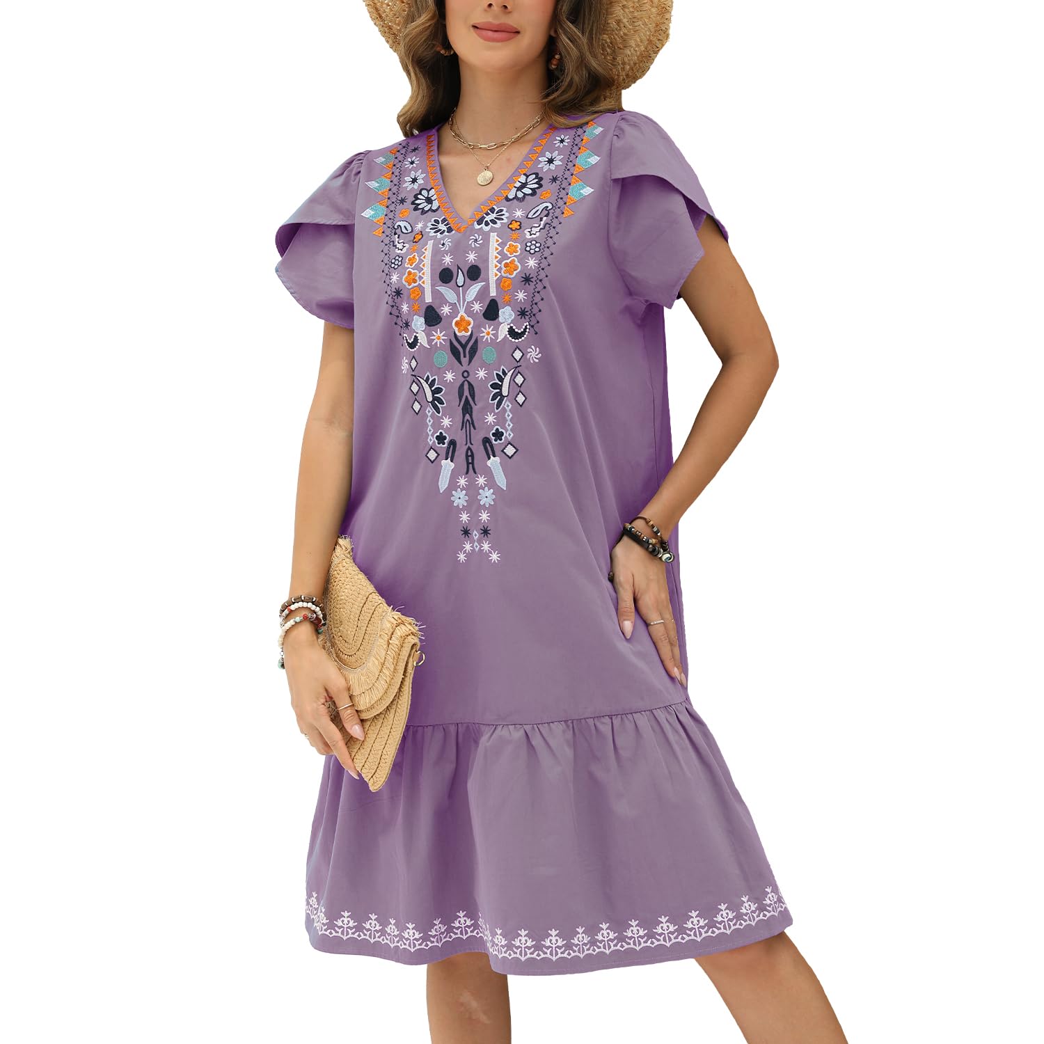 Vakakado Damen V-Ausschnitt Elegantes Stickerei Dress 3/4 Är