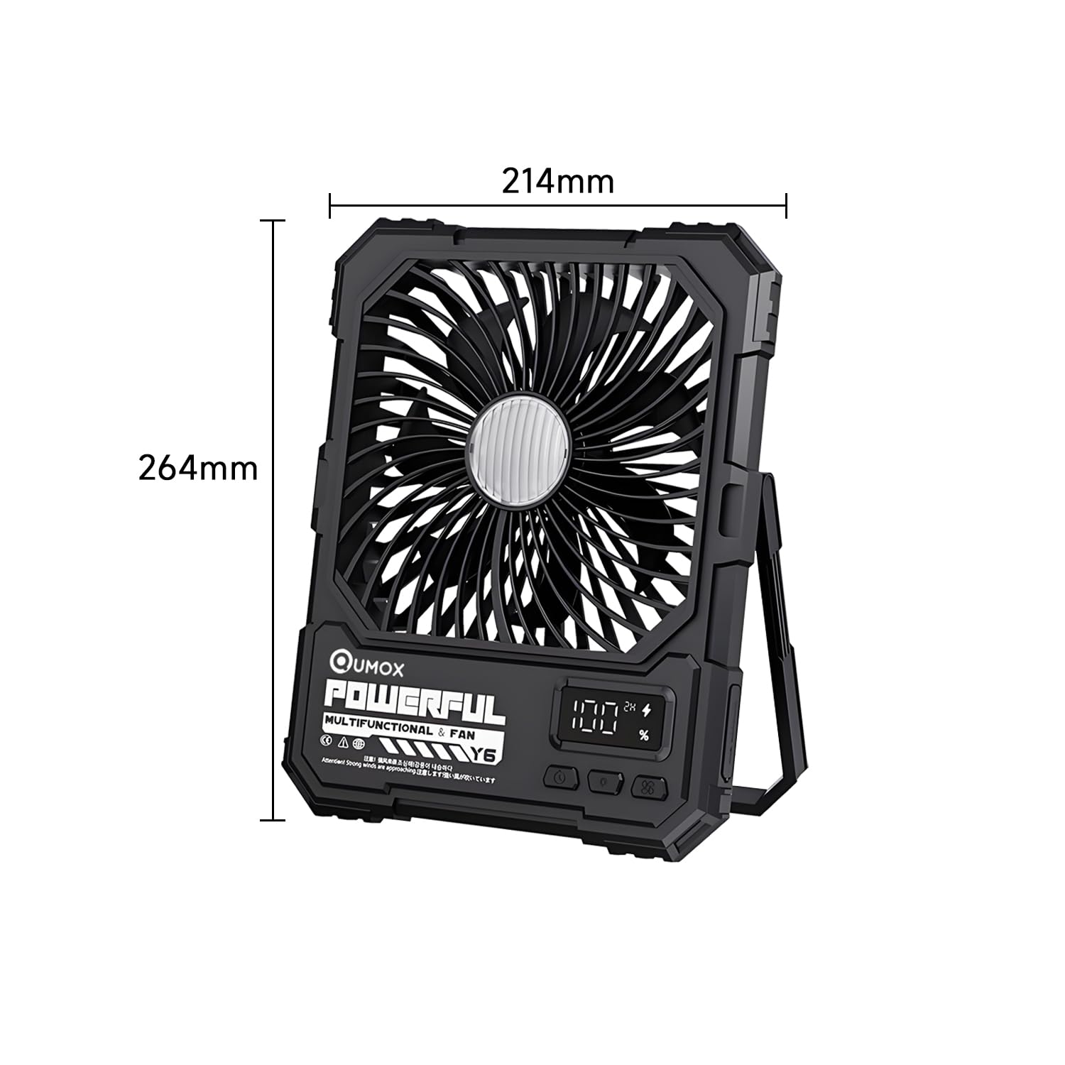 QUMOX Y6 Ventilador de Camping Recargable con Luz LED, Negro | Batería 20000mAh, Mando a Distancia, 4 Velocidades y 4 Modos de Luz, Temporizador 2/4/6H