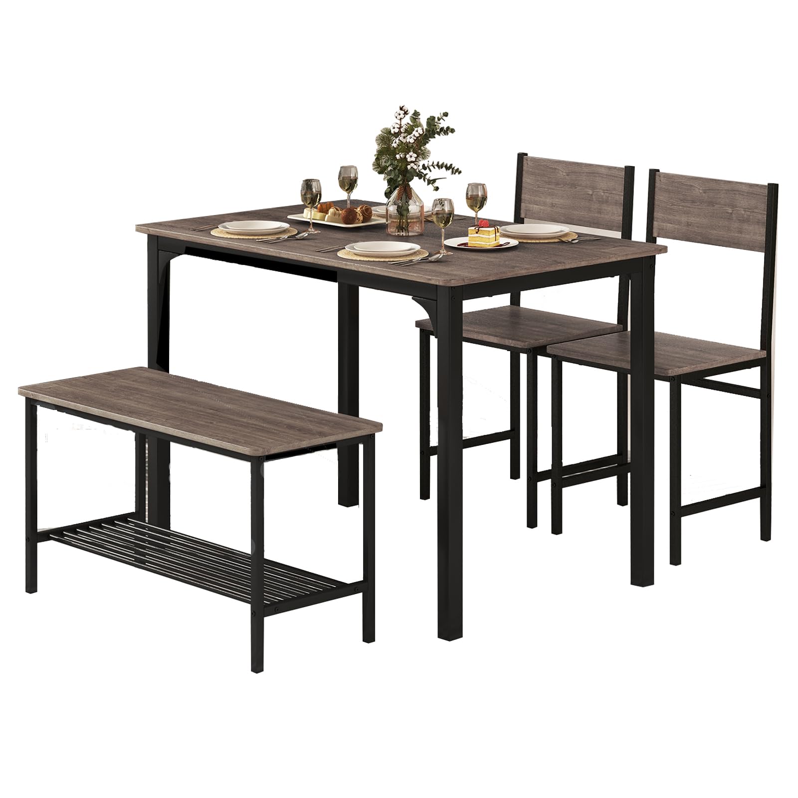 KOTEK Dining Table Set for 4, Dining Room Table Set with Bench and Chairs, Dinette Set with Metal Frame & Storage Rack, Kitchen Table and Chairs Set