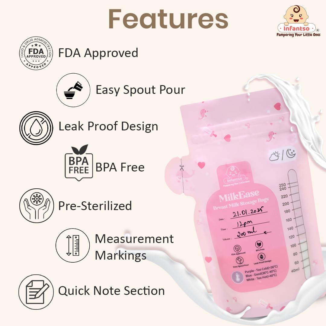 Infantso MILK EASE Breast Milk Storage Bags (Pack of 25 x 250 ml) with Smart Temperature Sensor, BPA Free Pre-Sterilized, Leak Proof Dual Zip Lock Disposable Milk Storage Pouch for Freezer & Feeding - Milk Freezer Bags for Breast Feeding 1