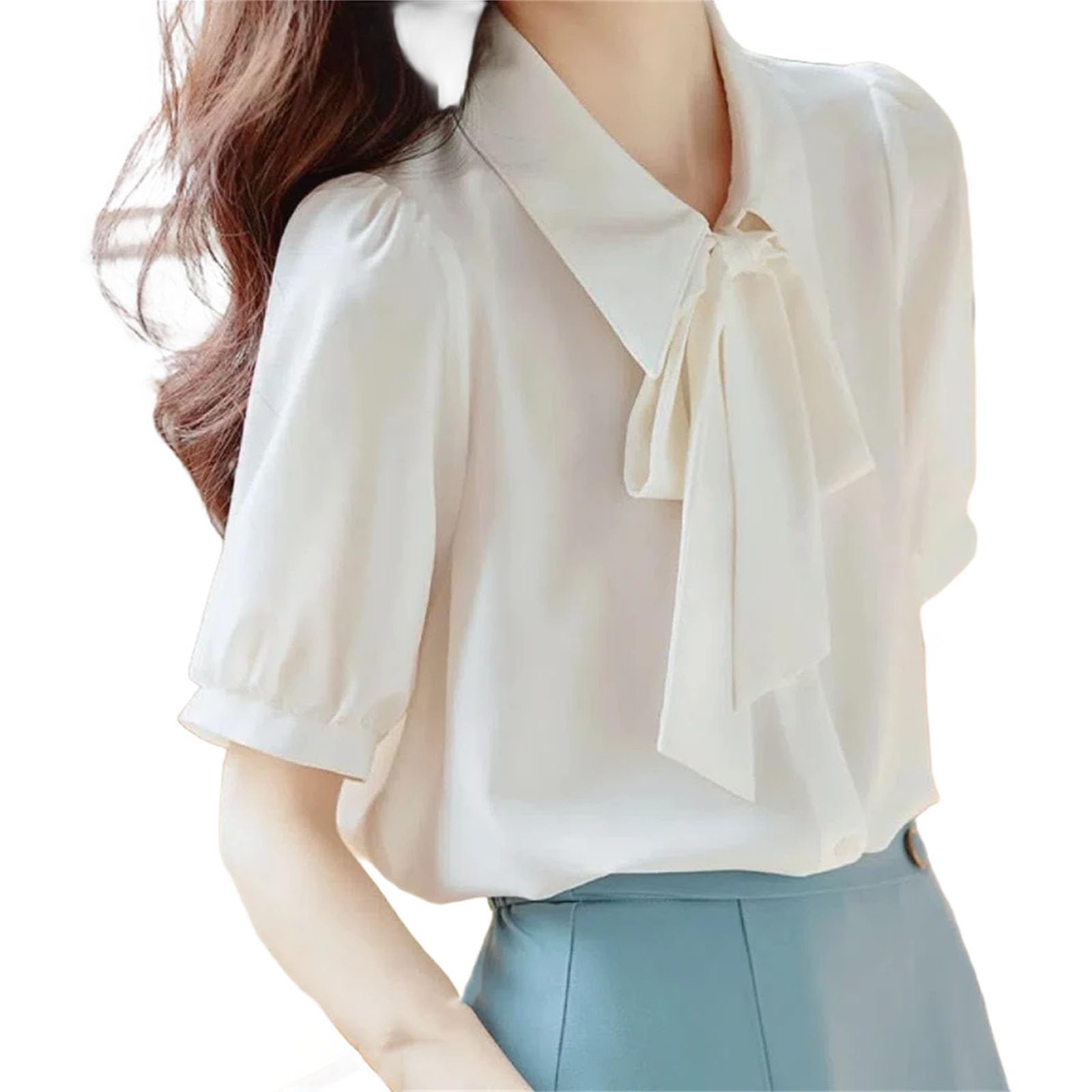 Camicetta patchwork con fiocco in chiffon bianco manica corta sciolto solido camicia da ufficio top abbigliamento casual da donna