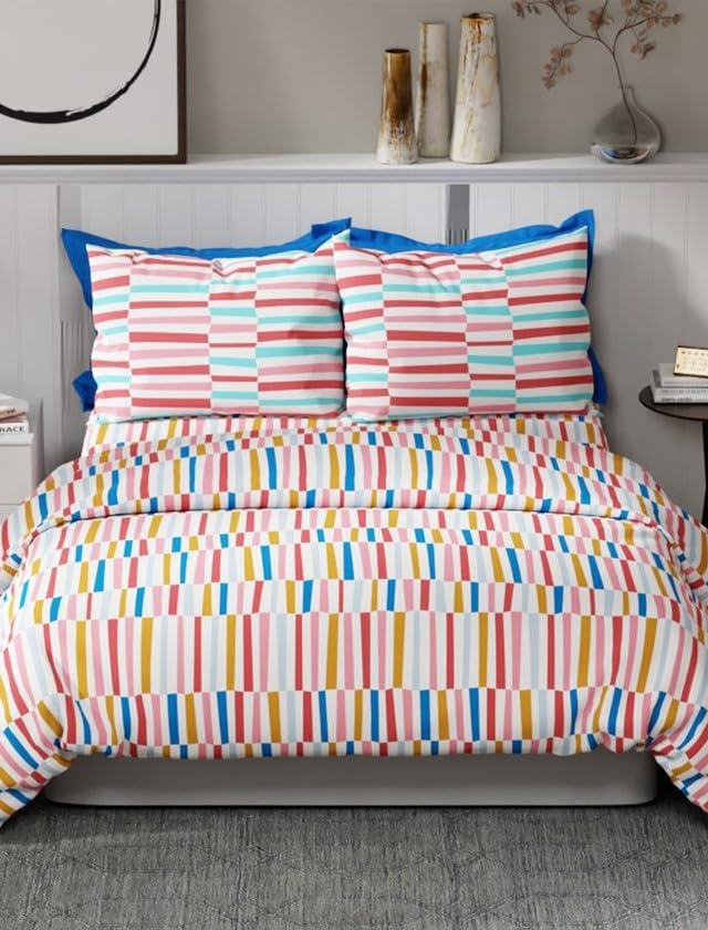 Image of United Colors of Benetton Rainbow Red Geometric Pure Cotton Queen Bedsheet with 2 Pillow Covers | Skin-Friendly 144 TC Bedding Set | Soft & Breathable Bed Linen | 108 x 90 Inches