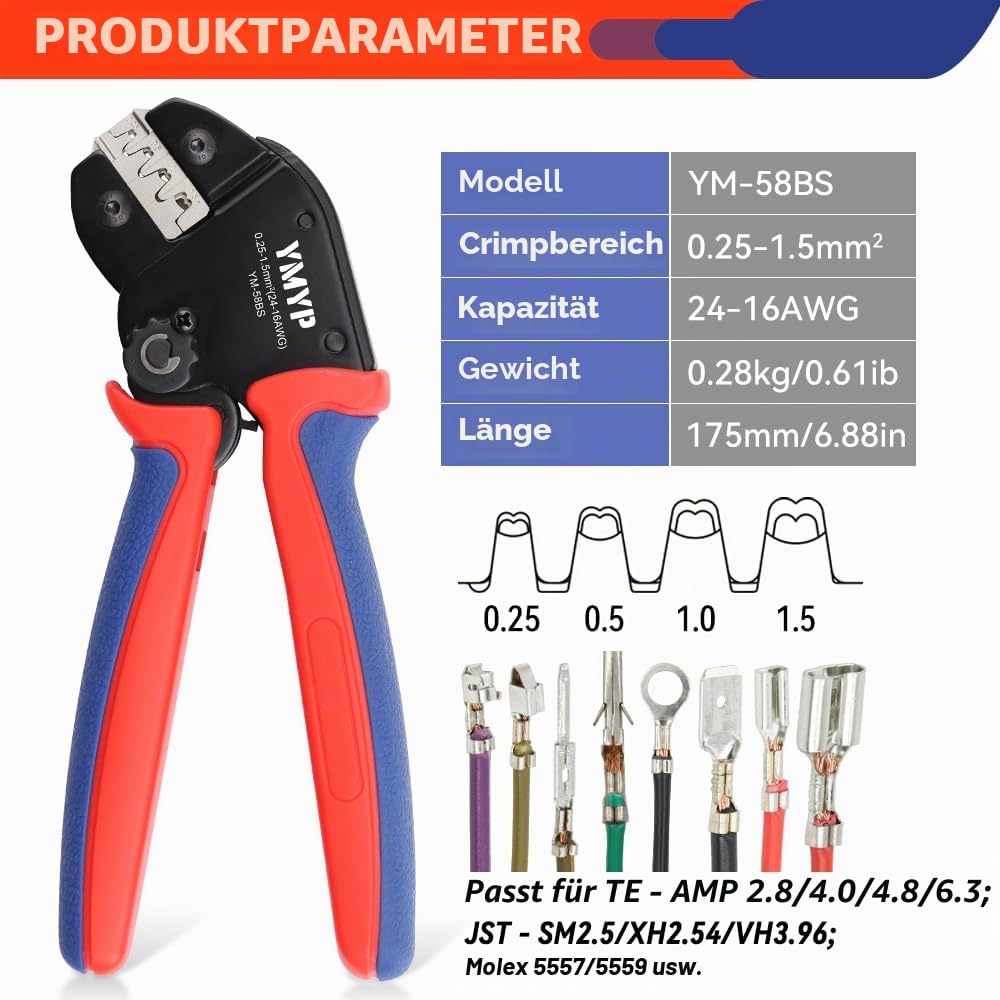 Crimpzange Stecker Set inkl 590 Teile JST-SM Kit - (0,25-1,5mm²) - Crimpzange für AMP-TE 2,8/4,0/4,8/6,3 JST-SM2,54/XH2,54/VH3,96 & Molex