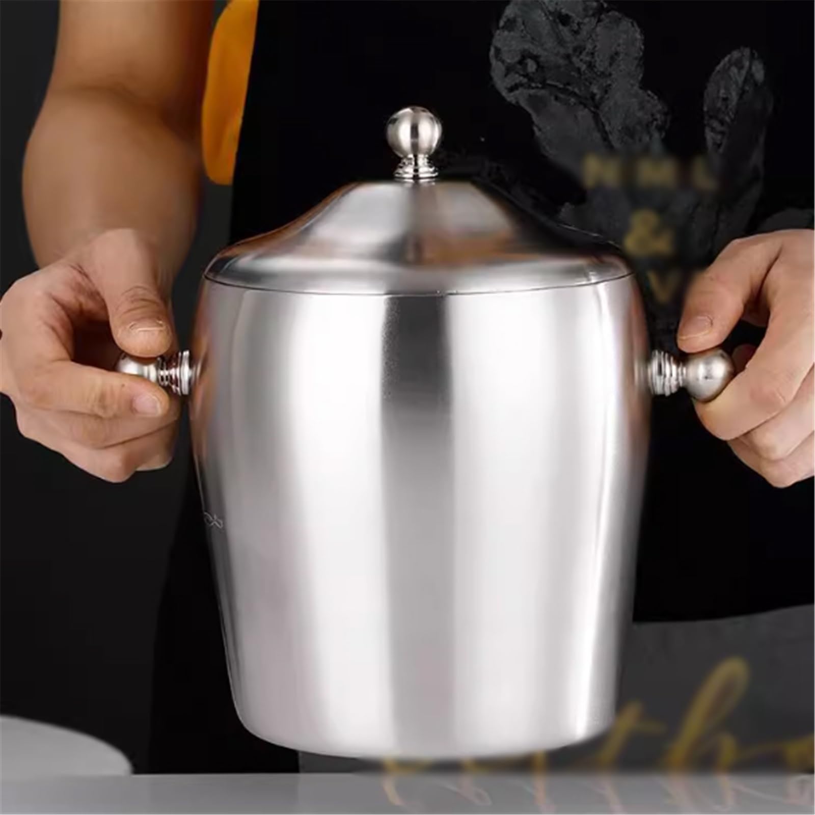Cubitera Hielo Cubo de hielo acero inoxidable 2 litros con asa doble capa Ice Cube Maker(Silver)