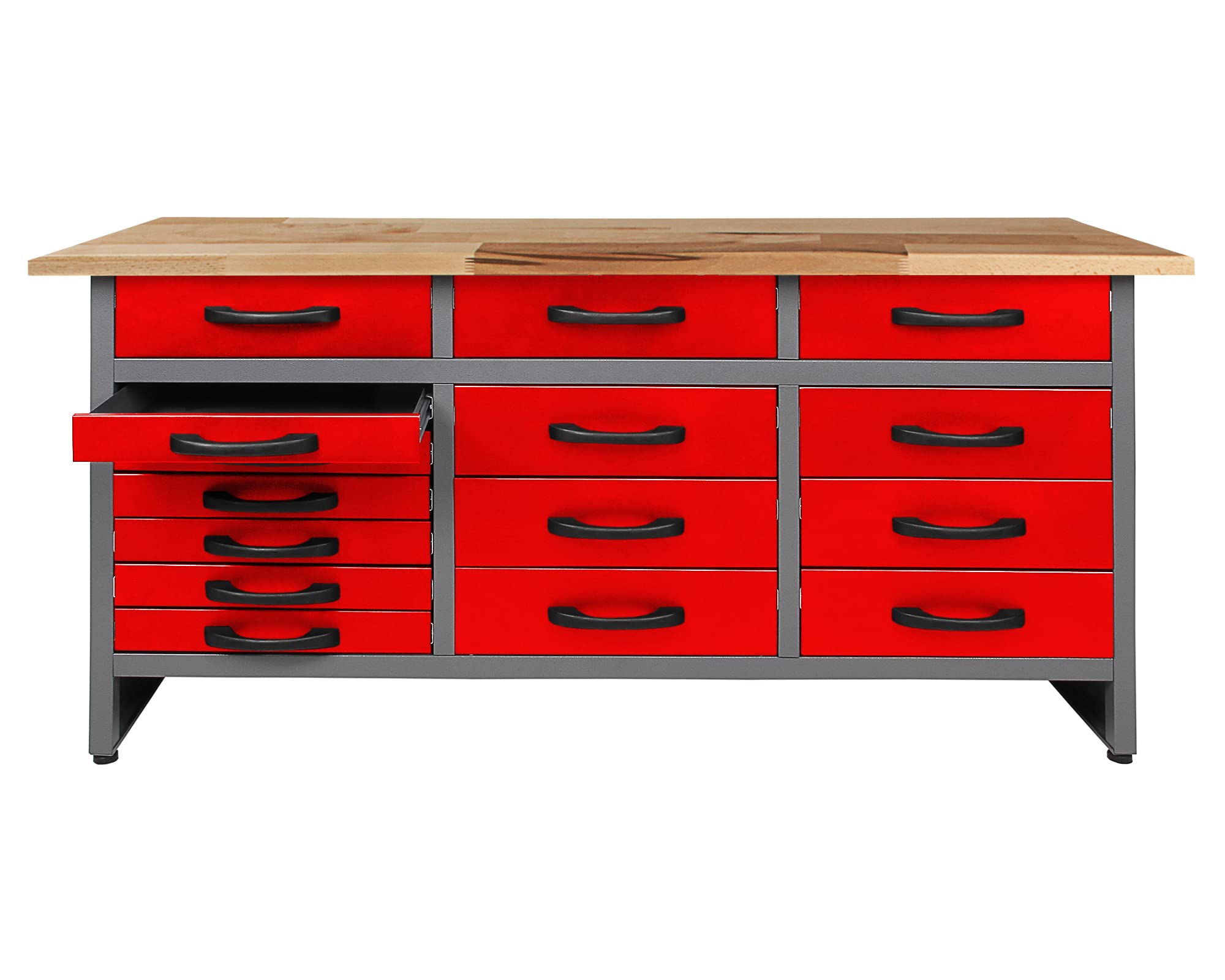 Ondis24 Werkbank Konny Werktisch Packtisch 15 Schubladen 160 x 60 x 85 (H) cm Werkstatteinrichtung Buchenholz, Metall bis 450kg belastbar
