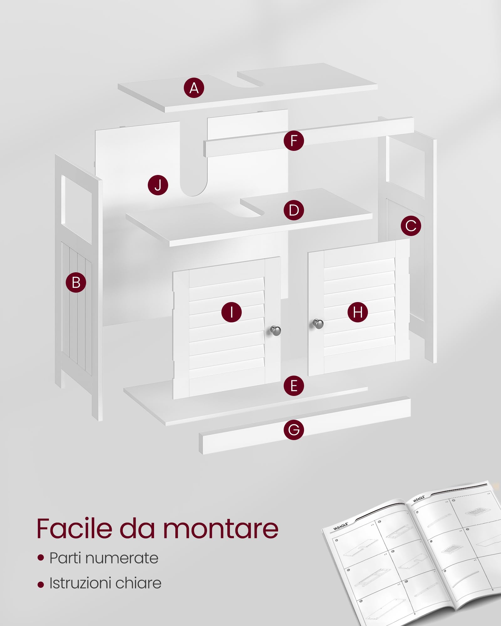 VASAGLE Mobile Sottolavabo per Bagno, Mobiletto da Bagno, 2 Ante a Persiana, Capiente, Design Moderno, 30 x 60 x 60 cm, Bianco BBC02WT
