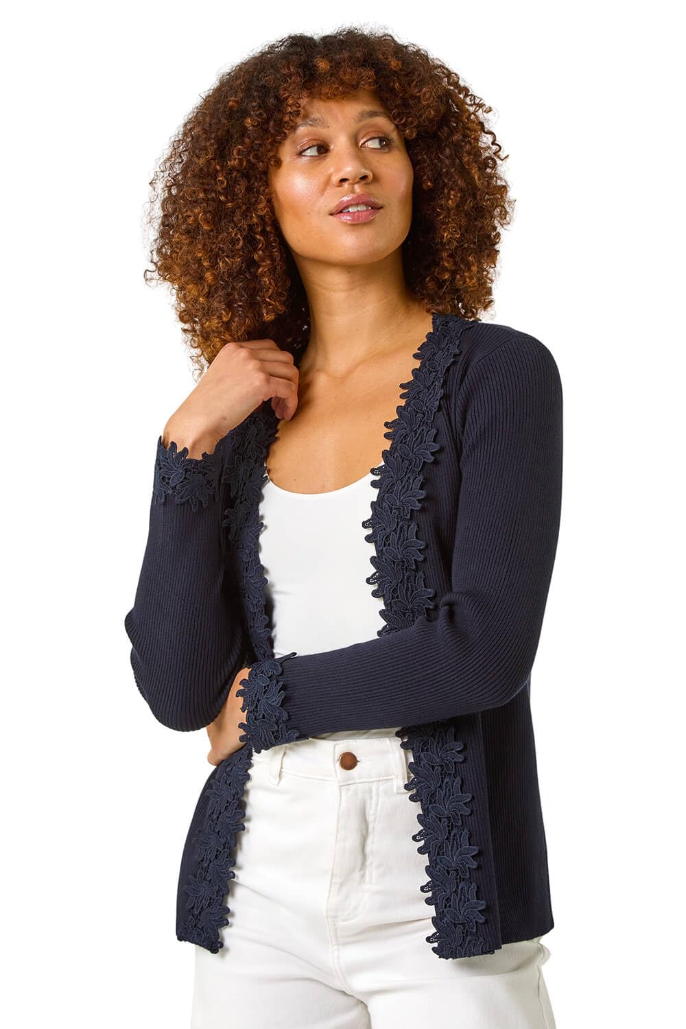 Roman Women's Navy Lace Trim Knit Cardigan In | Size: 10