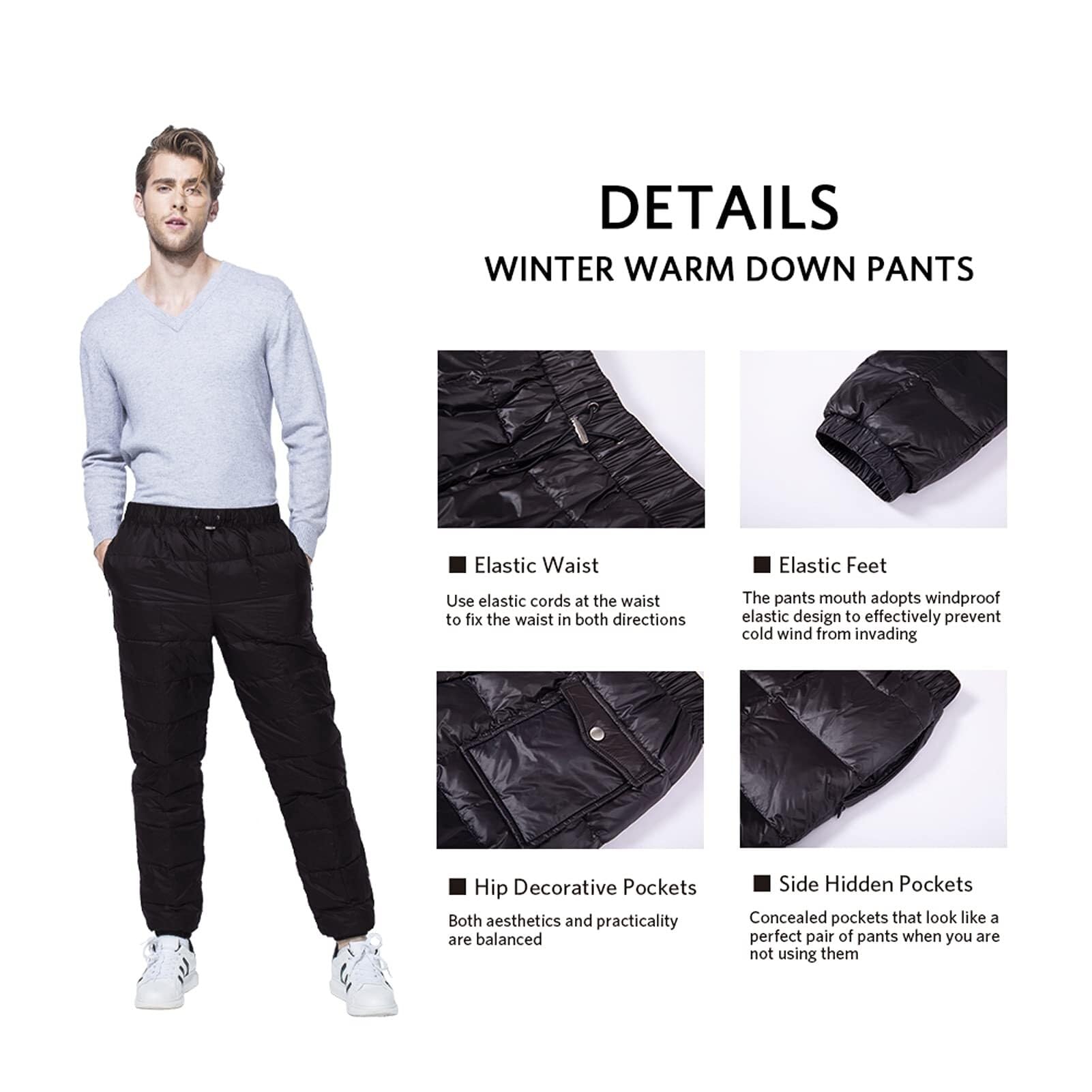 Pantalon d'hiver chaud en duvet d'oie for homme et femme, pantalon de neige compressible, pantalon cargo en duvet compressible, pantalon isolé for le