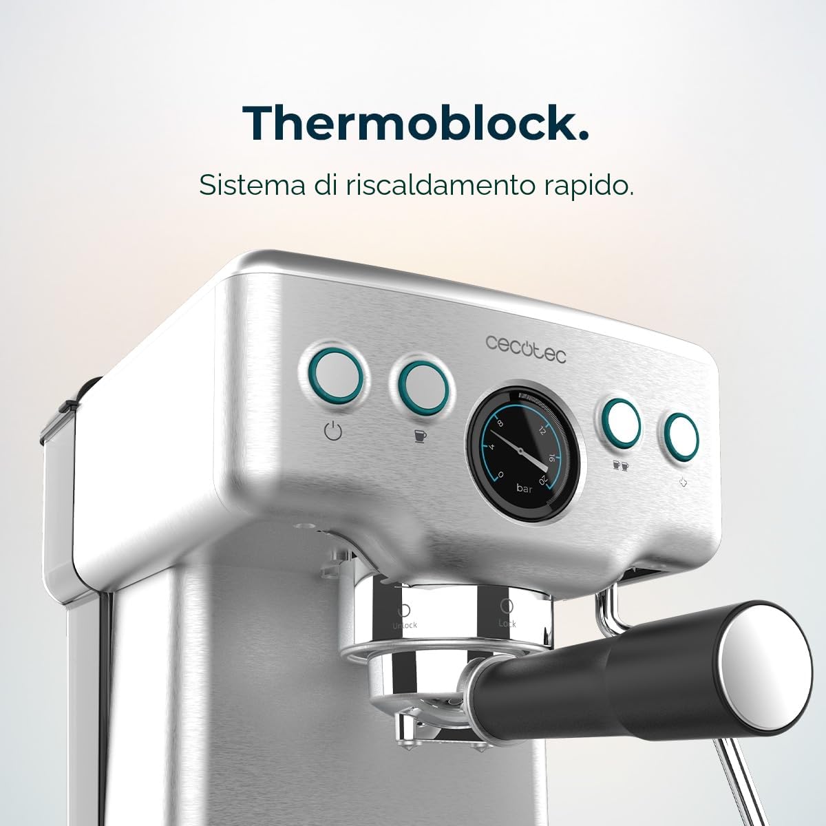 Cecotec Macchina da Caffè Express Barista Power Espresso 20 Barista Mini 1465 W, 20 bar, Manometro e ThermoblocK, Vaporizzatore Orientabile e Braccio con Doppia Uscita, 1,8 L di Capacità