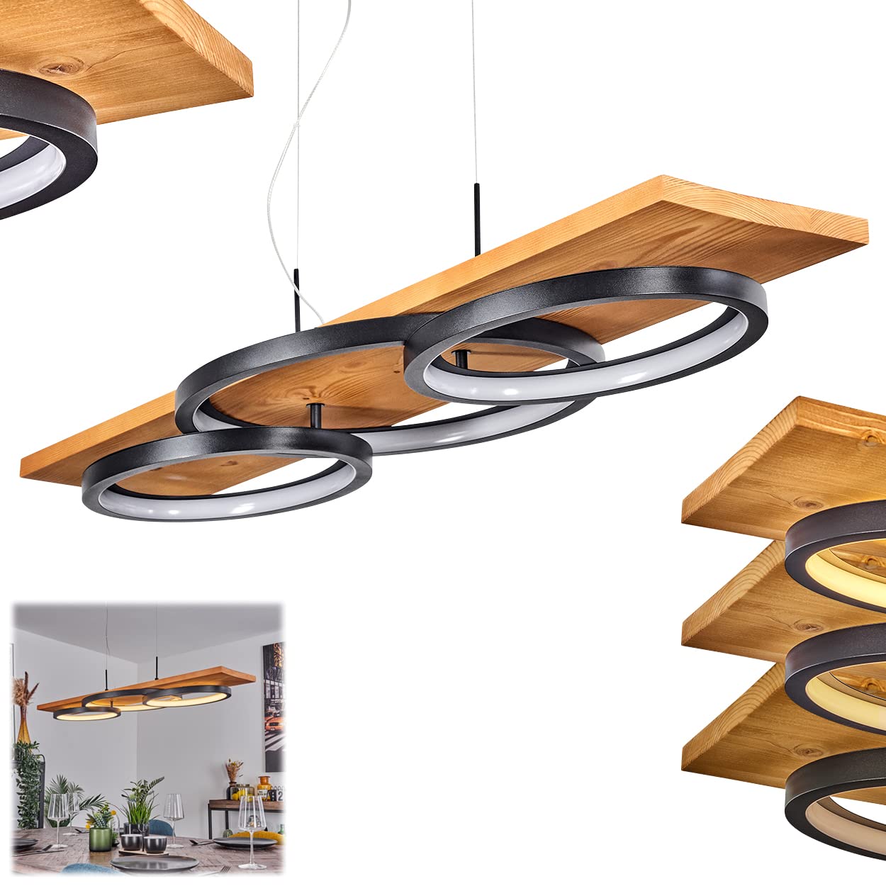LED hanglamp Nevogilde, moderne hanglamp van metaal/hout in zwart/natuur in retro/vintage design, hanglamp met houten balk, hoogte max. 150 cm, 1 x LED 20 Watt, 3000 Kelvin, 2300 lumen