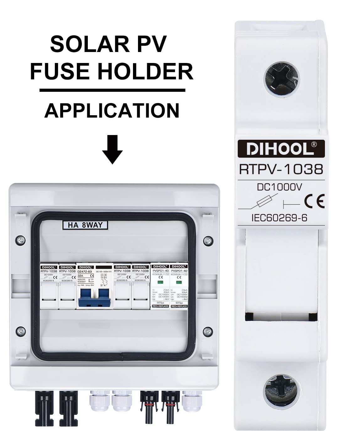 DIHOOL Instalación de guía DIN de 1 polo dc1000v 10 x 38 mm, fusibles fotovoltaicos 10a (4 fusibles y 6 fusibles)