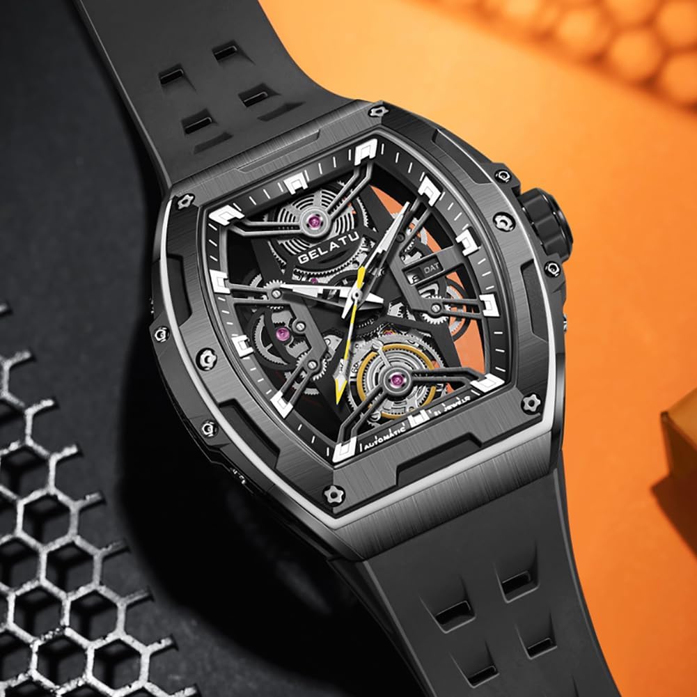 OLEVS Gelatu Herren-Armbanduhr, automatische Tonneau-Uhr, Skelett, mechanisch, 50 m, wasserdicht, Saphirglas, quadratisch, Weiß/Schwarz/Roségold