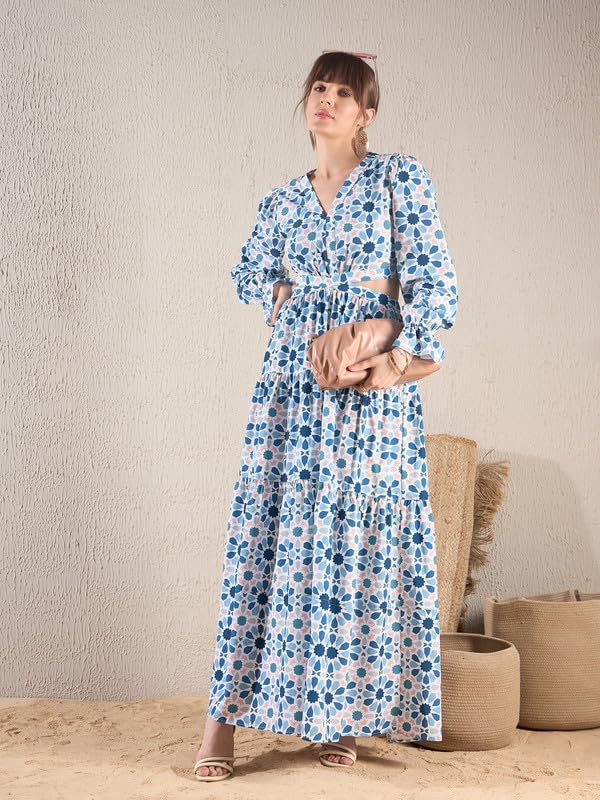 Image of SASSAFRAS Teal Blue Geometric Print Waist Cut Out Maxi Dress-L