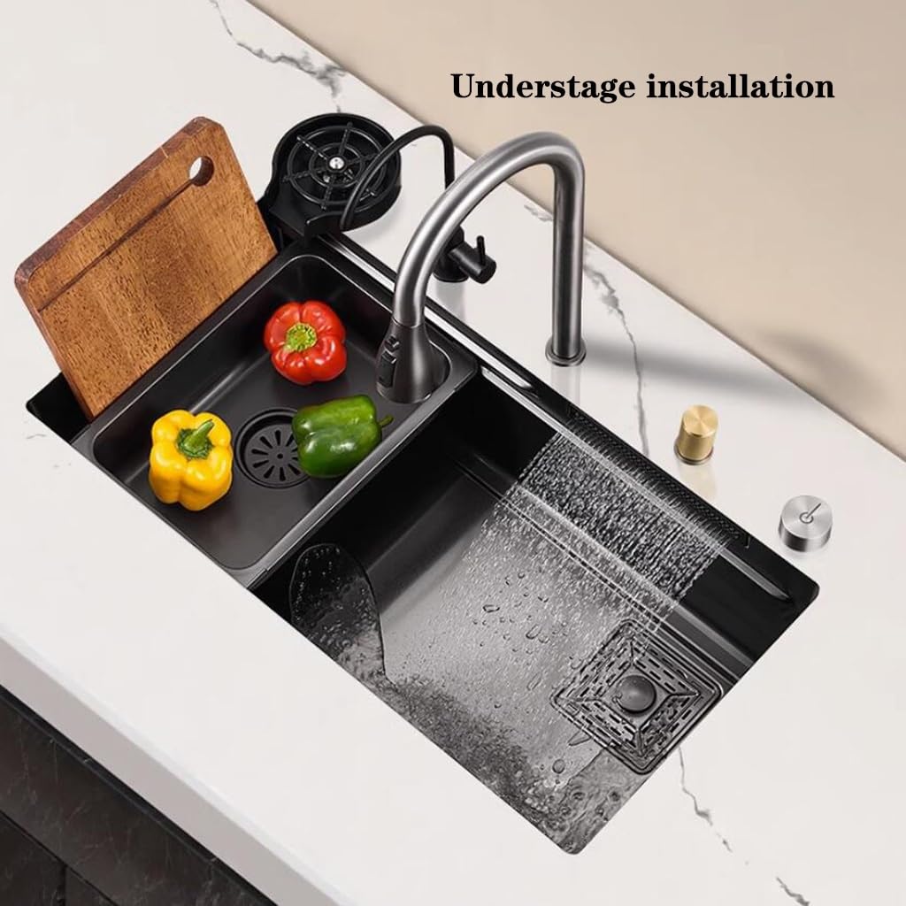 Fregadero De Sifón De Acero Inoxidable Fregadero Doméstico De Gran Capacidad Lavabo De Cocina Multifuncional Lavabo De Baño (Color : Negro, S : 68 * 46 * 22cm)