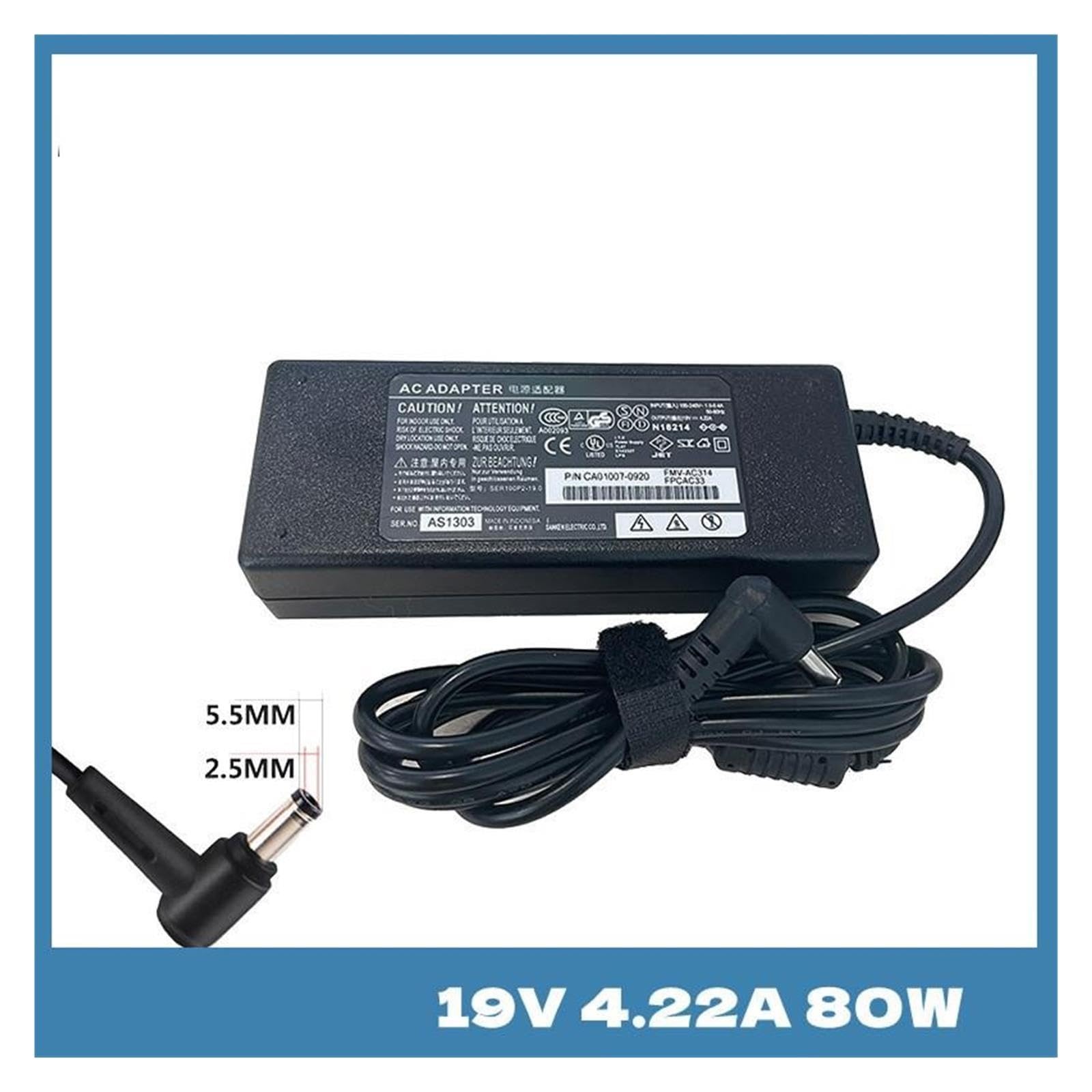 Cargador De Vuelta De 19V, 4,22A, 80W, 5,5x2,5mm, Compatible con Fujitsu, Adaptador for Portátil ADP-80N AH531 AH550 B6220 AH532 AH530 AH522(Adapter with EU)