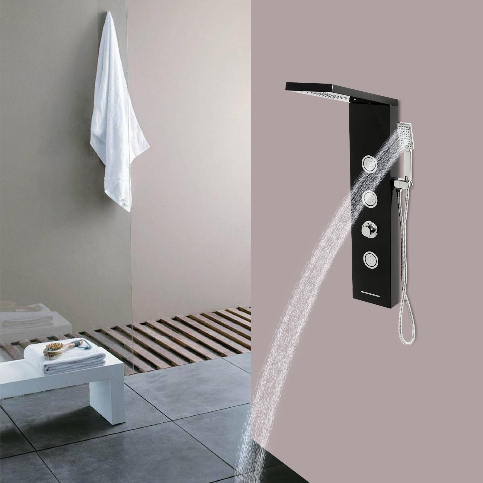 Panel de ducha con grifo, columna de ducha con iluminación LED, 3 chorros de masaje, sistema de ducha multifuncional de acero inoxidable, ducha de mano y ducha cascada (negro)