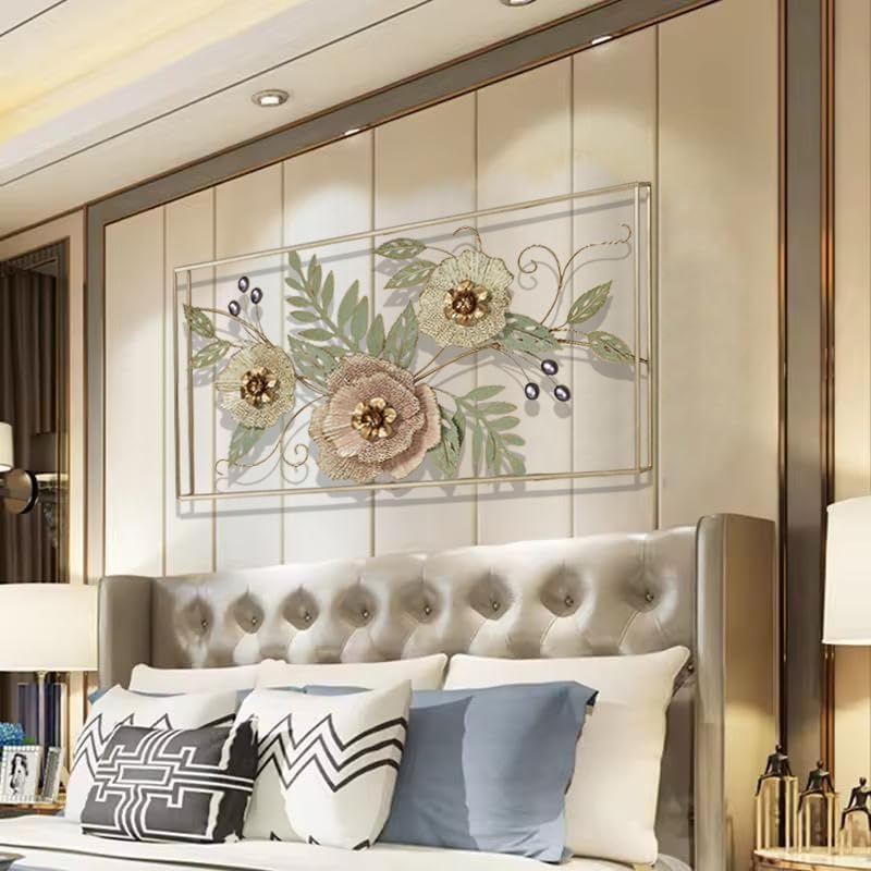 Image of ZOVE Forever Blooms Openwork Floral Wall Art | Framed Metal Artwork with Pastel Pink & Cream Blossoms | Metallic Finish Hanging Flower Decor for Living Room & Bedroom (40 x 20 Inch)