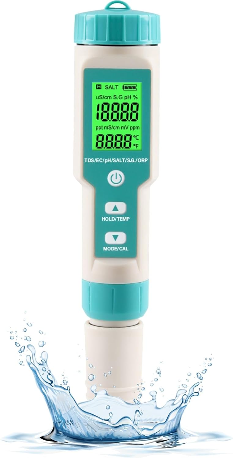 Pool Salt Tester Free Chlorine Tester Digital Chlorine PH Tester Salt Meter for Pool 7 in 1 PH Salt Free Chlorine ORP TDS EC Pool Water Tester for Swimming Pool Hot Tub Hydroponics Aquariums