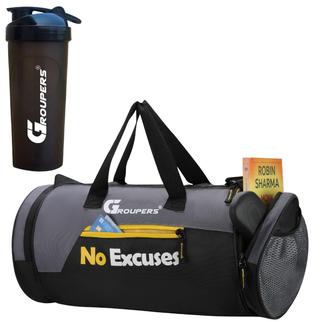 Duffle Polyester Bag NO Excuses with Shaker Bottle -700 MLlDuffle Gym Bags for Men (Black)-image-26