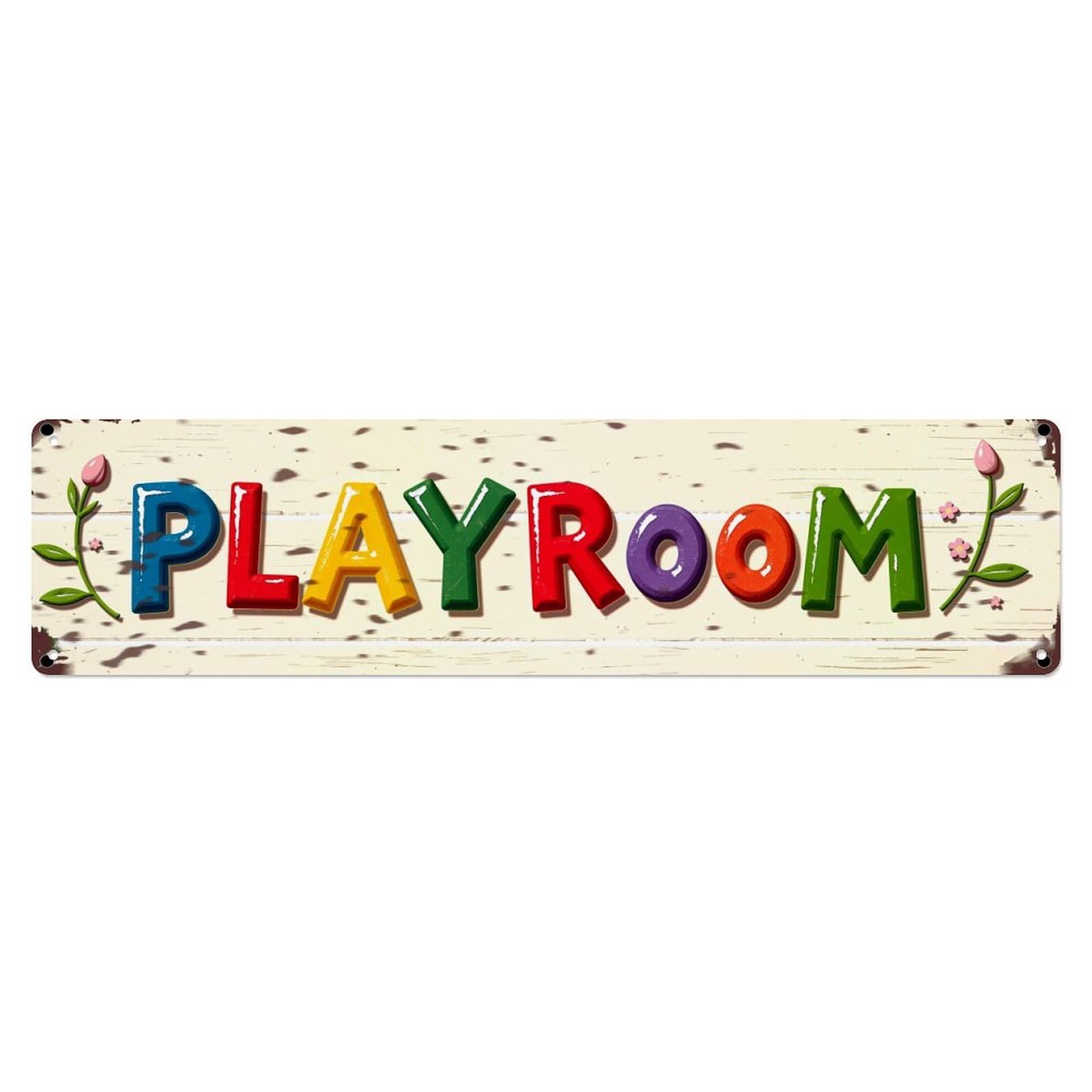 Colorful Playroom Lettering With Flowers Metal Tin Sign Plaque