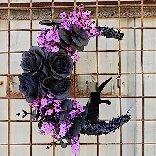 14" Half Moon Halloween Wreath with Black Cat & Rose for Porch Front Door - image 2