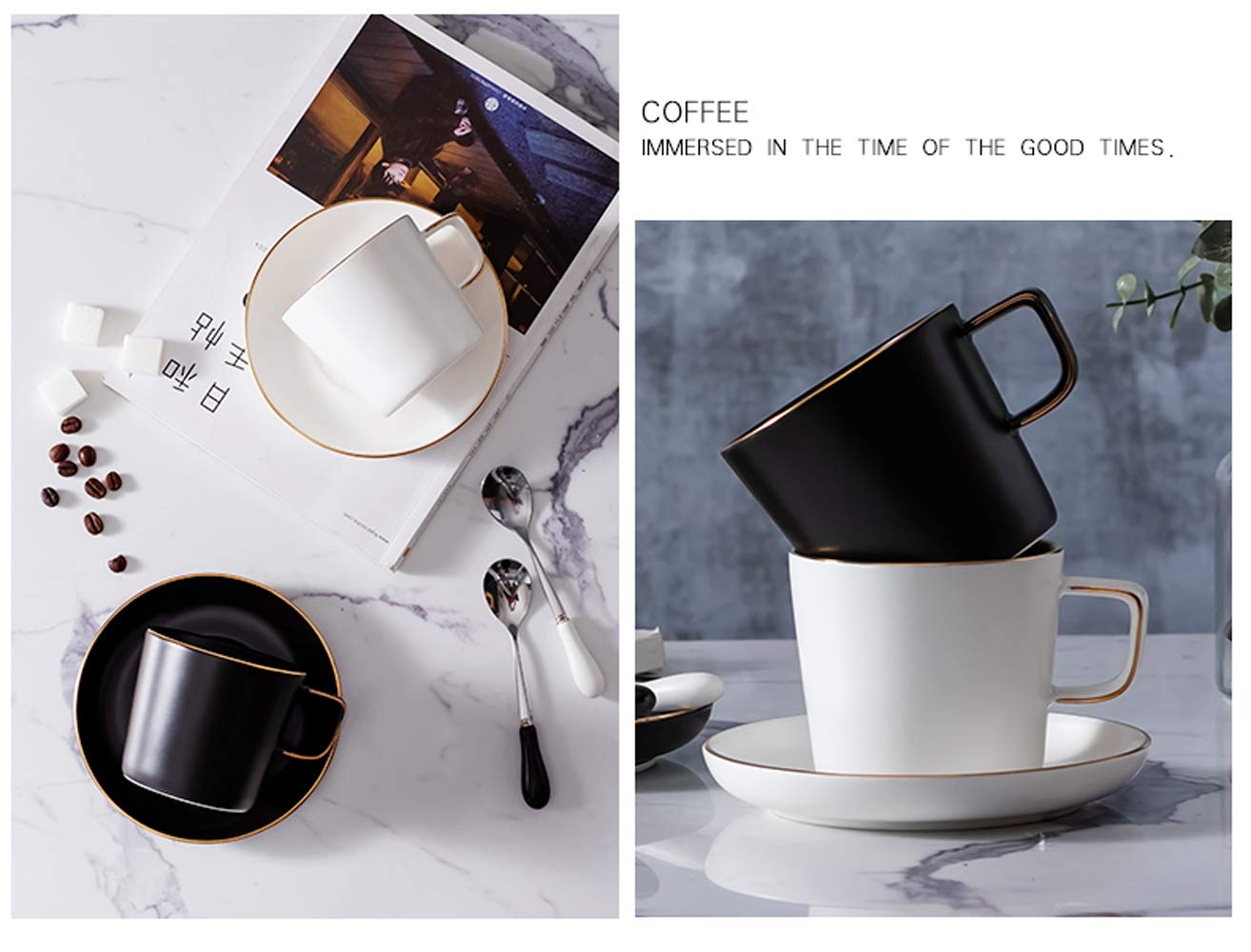 Juego de tazas de café de porcelana mate con platillos, de lujo nórdico, borde dorado, taza de té de la tarde, taza de café con capuchino (250 ml, 2 tazas y 2 platillos)