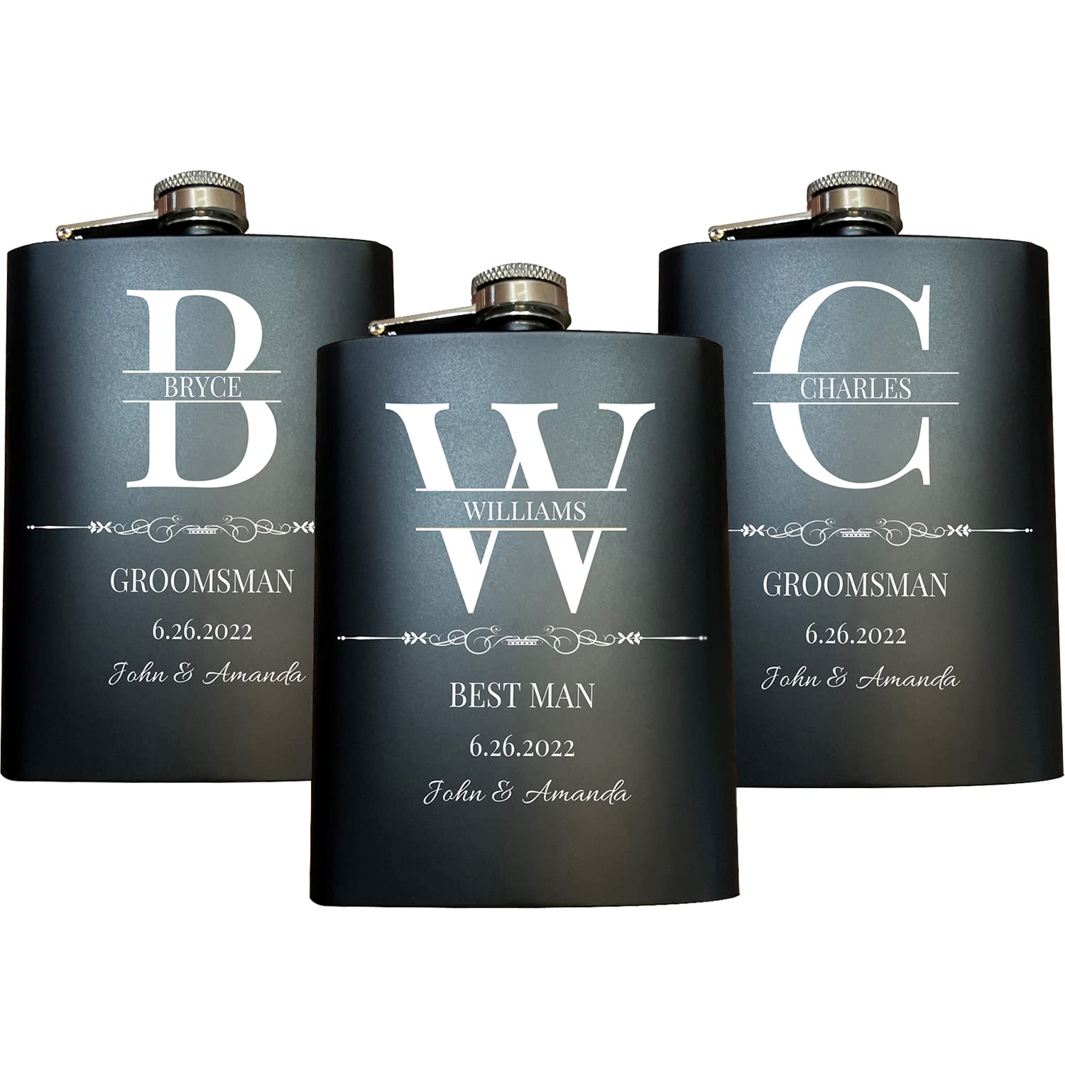 Juego de 3 frascos personalizados para padrinos de boda, frascos de acero inoxidable grabados a medida de 8 onzas, frascos de cadera para recuerdos de boda, juego de regalo para padrino y padrino de