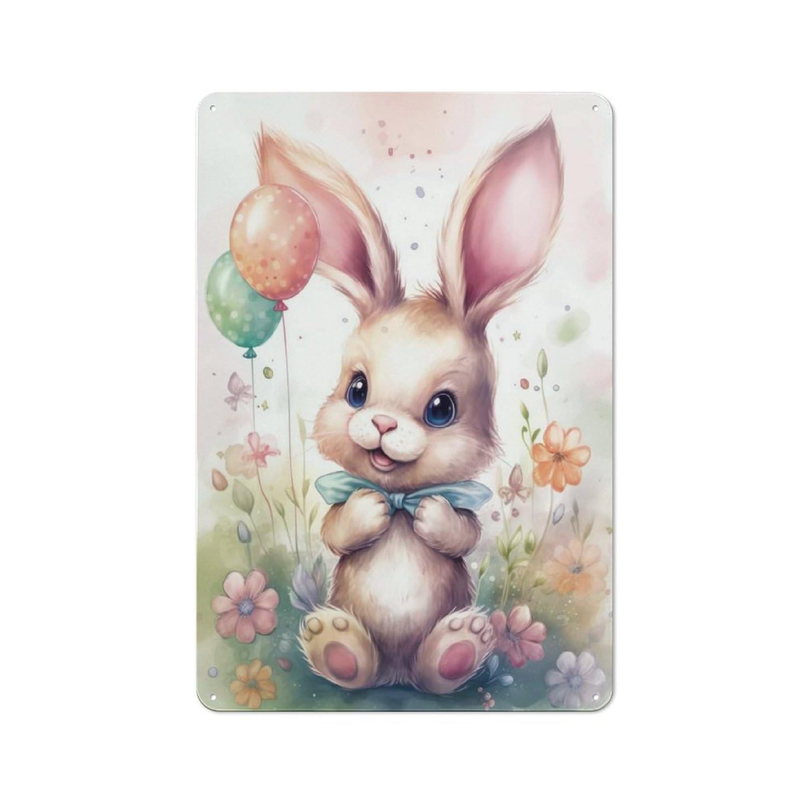 Vintage Cute Bunny with Ballons Metal Wall Sign 30x20cm, Shed Wall Plaque for Garage, Workshop, Shed Or Utility Room