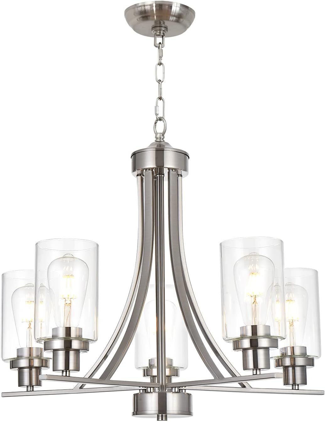 BONLICHT Traditional Chandelier Lighting 5 Light Brushed Nickel Modern Light Fixtures Hanging Pendant Lighting with Clear Glass Shade Classic Ceiling Lights for Kitchen Dining Room Living Room Island brushed nickel 5 light chandelier-5