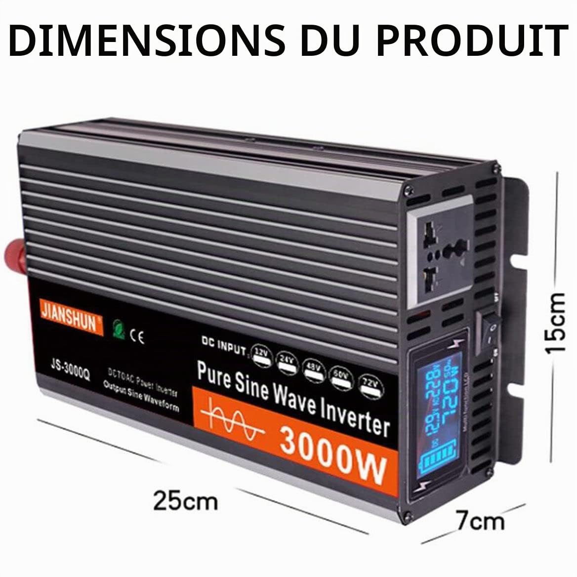 Convertisseur Pur Sinus 3000W 4000W 5000W 6000W Onduleur, Transformateur, 12V 24V 48V 60V vers 220V 230V, 2 Prises AC et Affichage à LED,3000W-48V