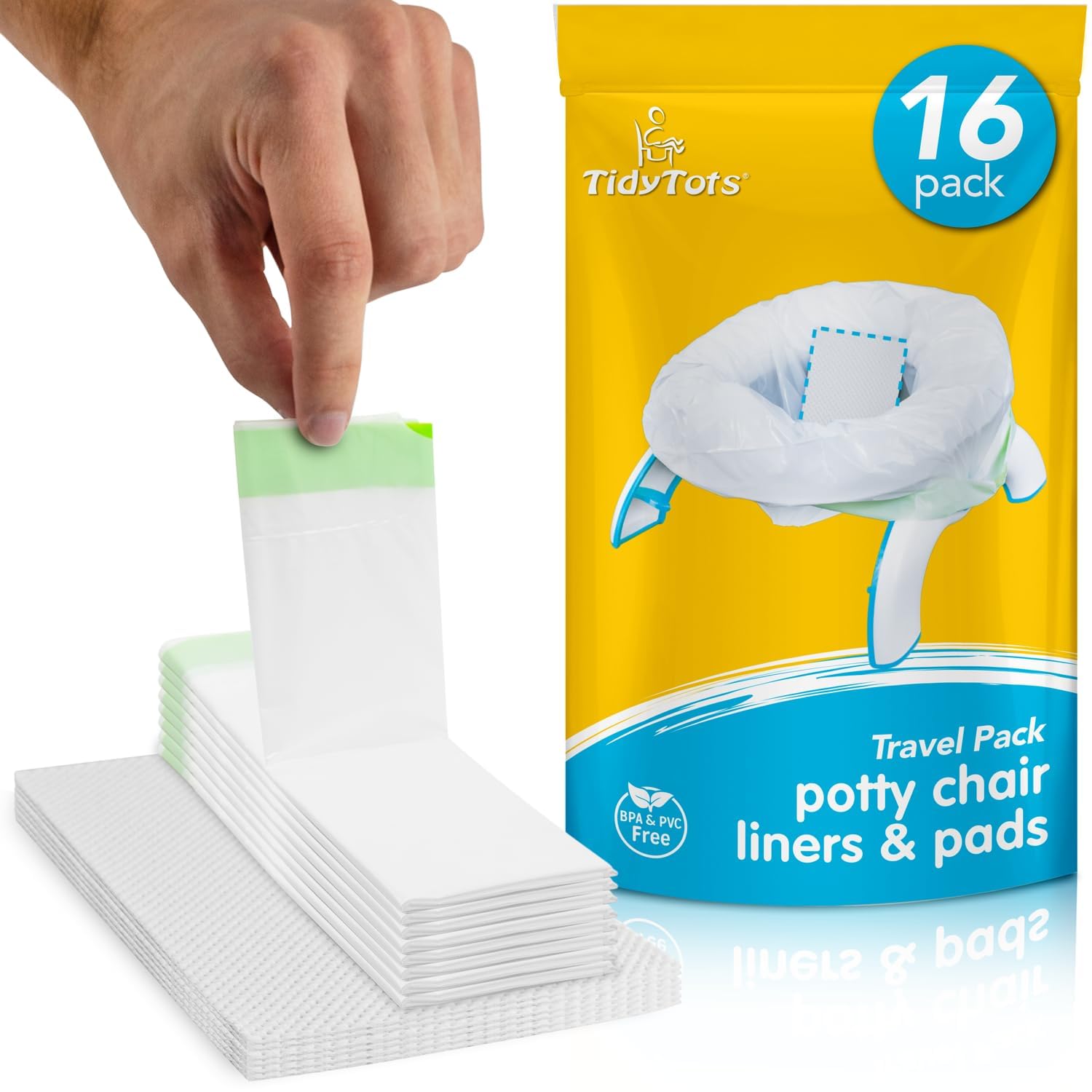 TidyTots Disposable Liners and Pads Compatible with OXO 2-in-1 Go Potty Chair for Potty Training Toddlers | Combo Travel Pack of 16 Potty Liners and 16 Absorbent Pads | Keeps Potty Seat Clean