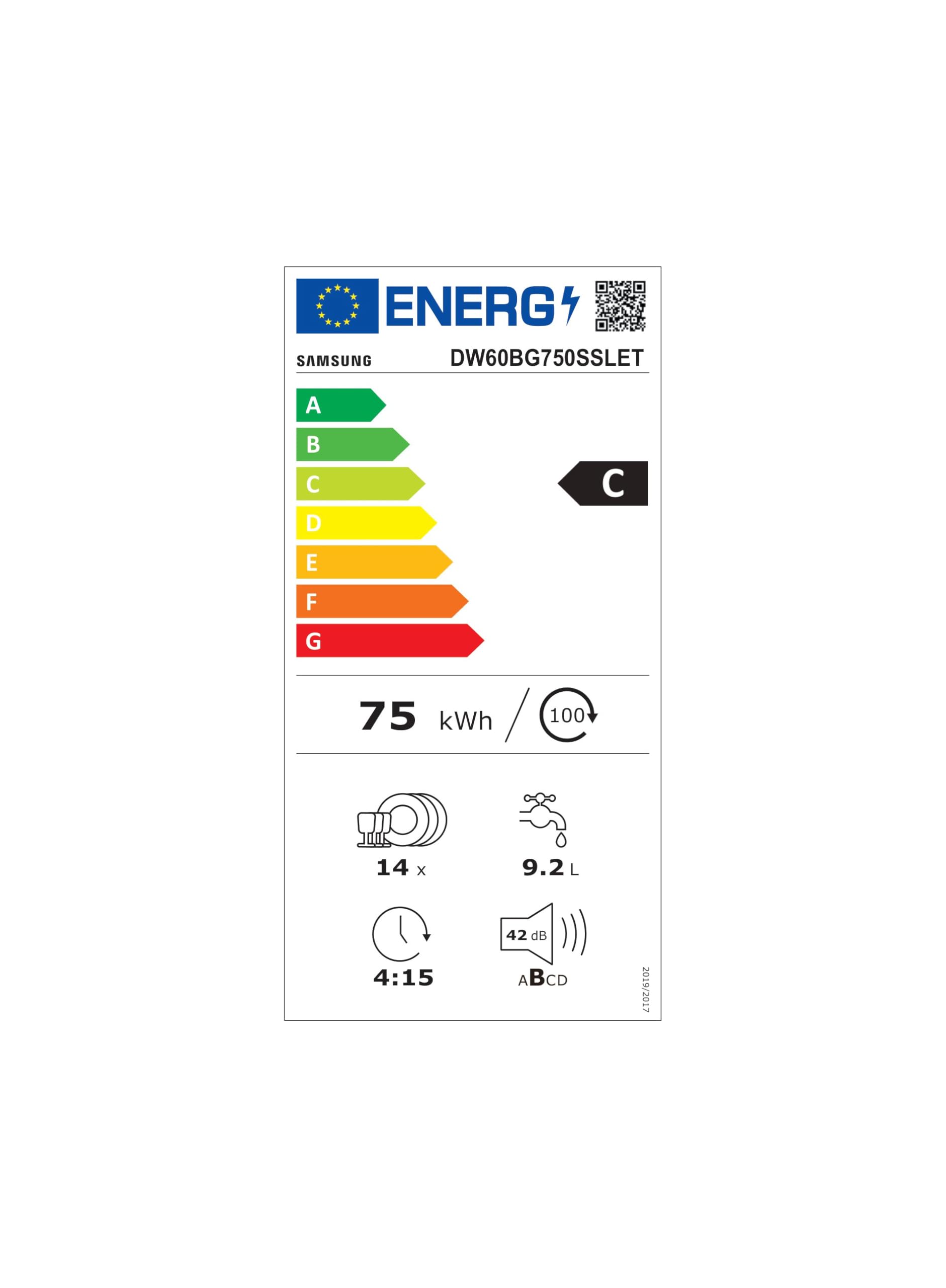 Samsung Unterbau-Geschirrspüler, 60 cm, Teilintegrierbar, EEK : C, 14 Maßgedecke, 9,2 l Wasserverbrauch, WaterJet Clean, SmartThings AI Energy Mode, 42 dB(A), Weiß, DW60BG750SSLET
