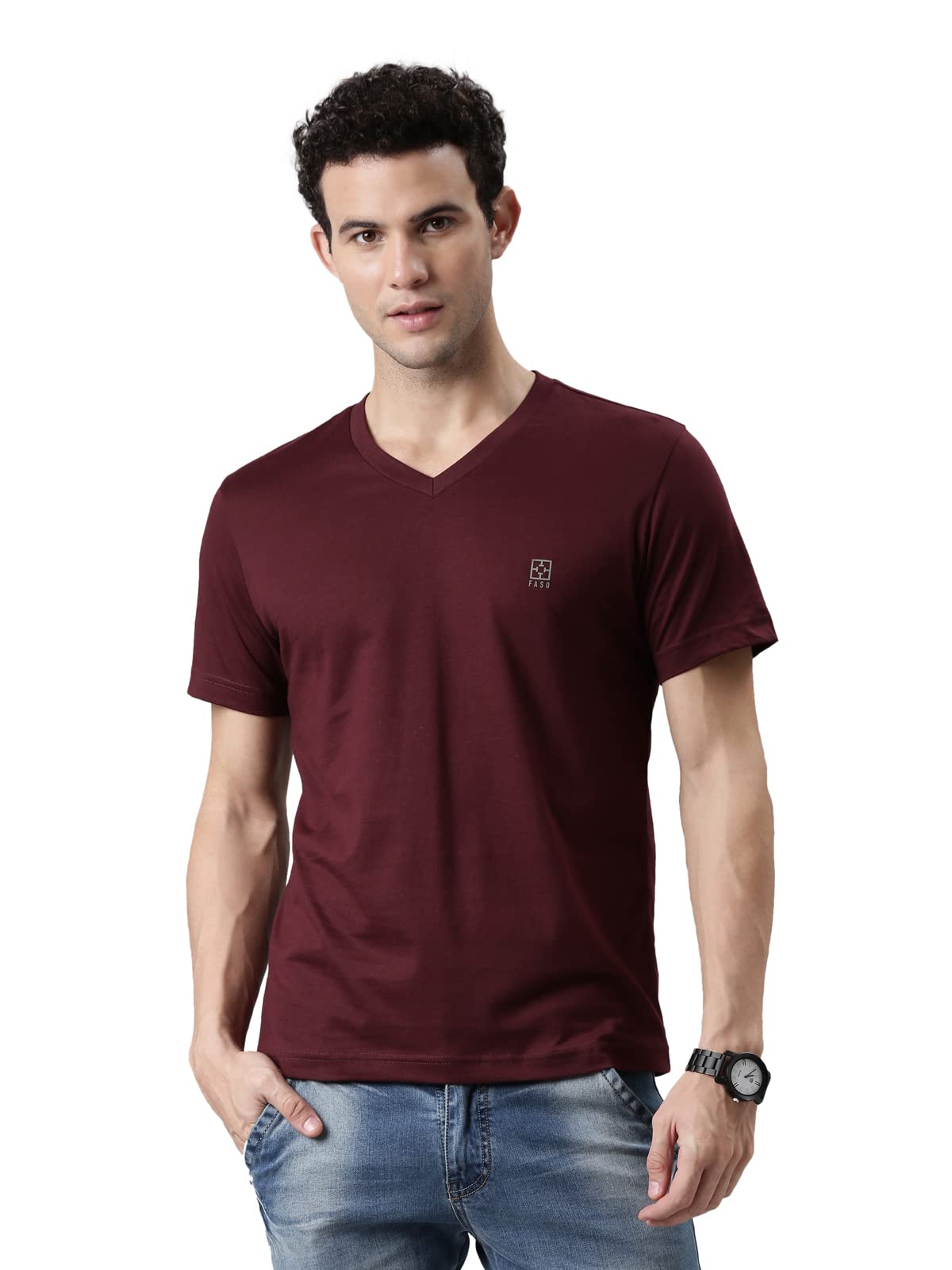 F A S O Mens Organic Cotton V-Neck T-Shirt