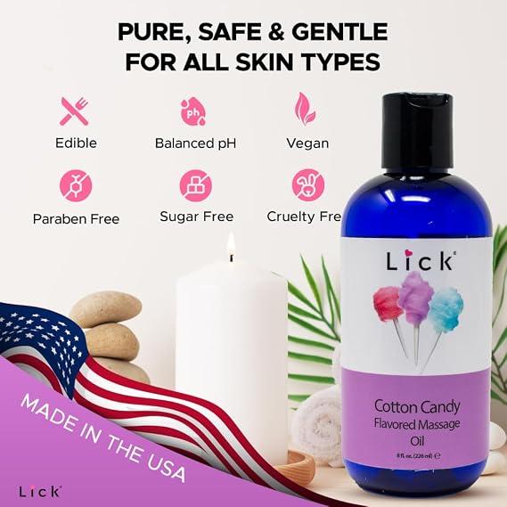Lick Cotton Candy Flavored Massage Oil Sweet Candy-Inspired Edible Massage Oil with Vitamin E, Silky Body-Safe Glide for Fun Couples Massage Moments, 8 oz