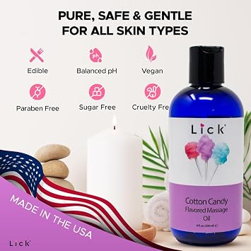 Lick Cotton Candy Flavored Massage Oil Sweet Candy-Inspired Edible Massage Oil with Vitamin E, Silky Body-Safe Glide for Fun Couples Massage Moments, 8 oz