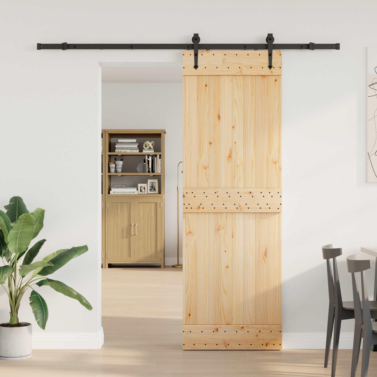 Puerta corredera Narvik natural y negra 213,5 x 210 cm | Madera de pino maciza, guía de acero, mecanismo superior, diseño que ahorra espacio, para interiores