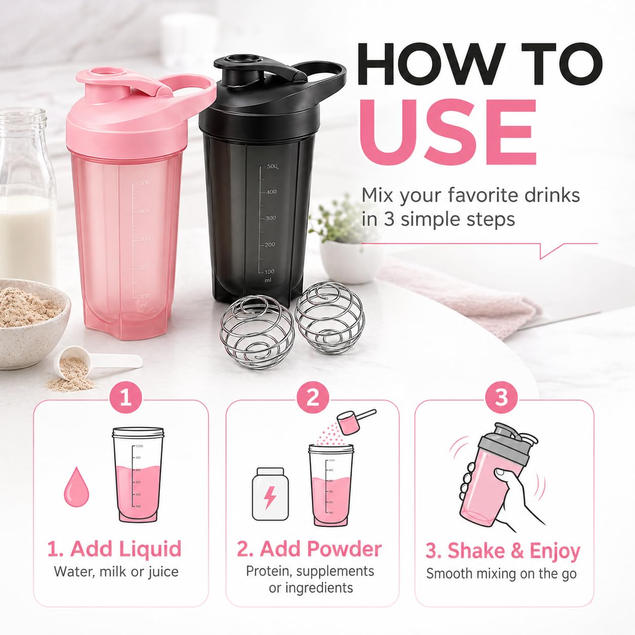 2 sztuki shaker do białka, 500 ml, kubek z kulką do blendera i skalą do picia, szczelny i odporny na uderzenia – butelka do fitnessu do uprawiania sportu, treningu i podróży (czarna + różowa)